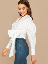 Load image into Gallery viewer, Gigot Sleeve Surplice Wrap Tie Front Blouse