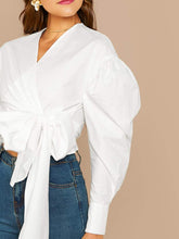 Load image into Gallery viewer, Gigot Sleeve Surplice Wrap Tie Front Blouse