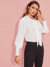 Load image into Gallery viewer, Tie Neck Lantern Sleeve Blouse