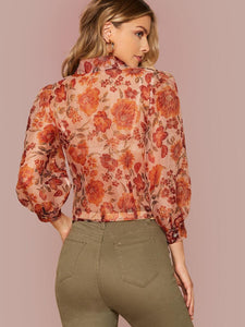 Floral Print Lantern Sleeve Sheer Blouse Without Bra