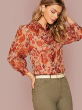 Load image into Gallery viewer, Floral Print Lantern Sleeve Sheer Blouse Without Bra