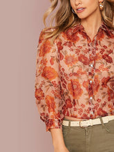 Load image into Gallery viewer, Floral Print Lantern Sleeve Sheer Blouse Without Bra