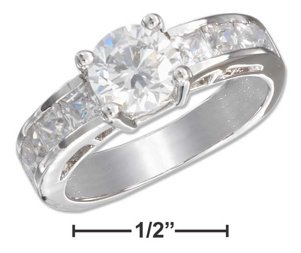 Sterling Silver 7mm Round Cubic Zirconia Ring with Princess Cut Cubic Zirconias