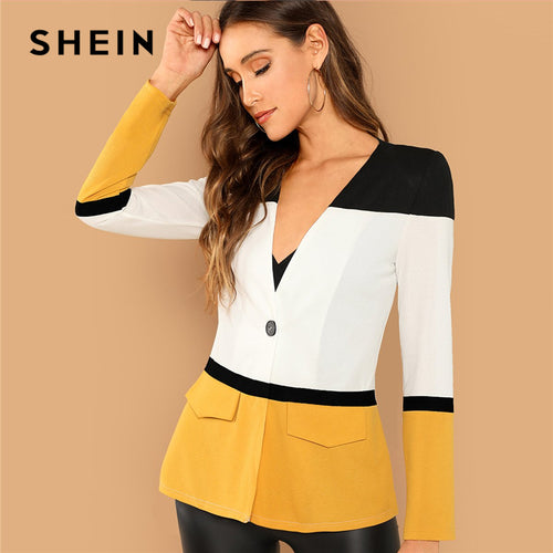 SHEIN Multicolor Office Lady Colorblock Cut And Sew Single Button Blazer 2018 Autumn Elegant Workwear Women Coat Outerwear