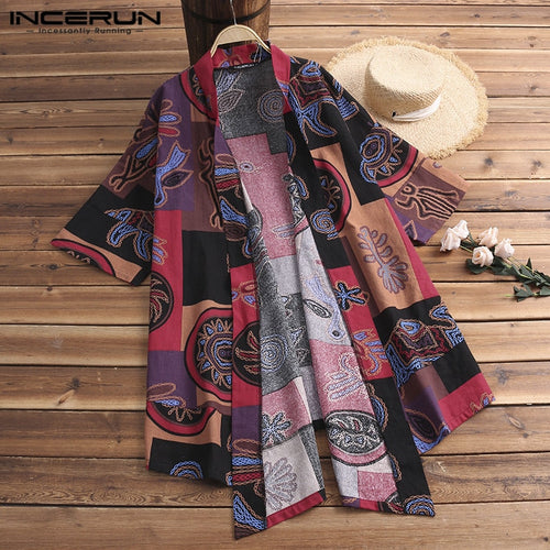 Chinese Style Men Clothing Cloak Cardigan Ethnic Mens Trench Cloak Half Sleeve Shirt Tops Harajuku Kimono Hombre Chemise Camisa