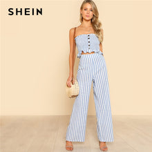 Load image into Gallery viewer, SHEIN Blue Bohemian Shirred Ruffle Hem Strapless Crop Cami Top and Wide Leg Pants Striped Sets Women Summer Beach Two Piece Set