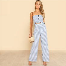 Load image into Gallery viewer, SHEIN Blue Bohemian Shirred Ruffle Hem Strapless Crop Cami Top and Wide Leg Pants Striped Sets Women Summer Beach Two Piece Set