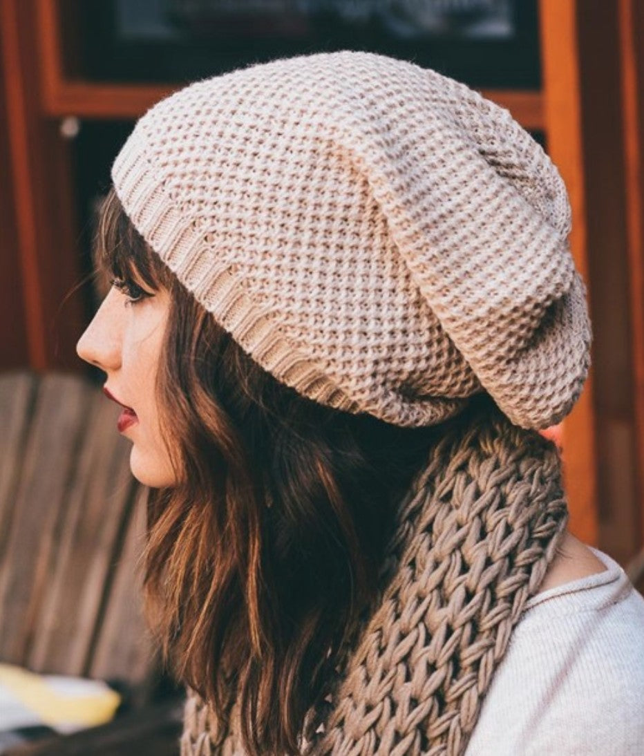 Stylish Beige Waffle Knit Slouch Beanie